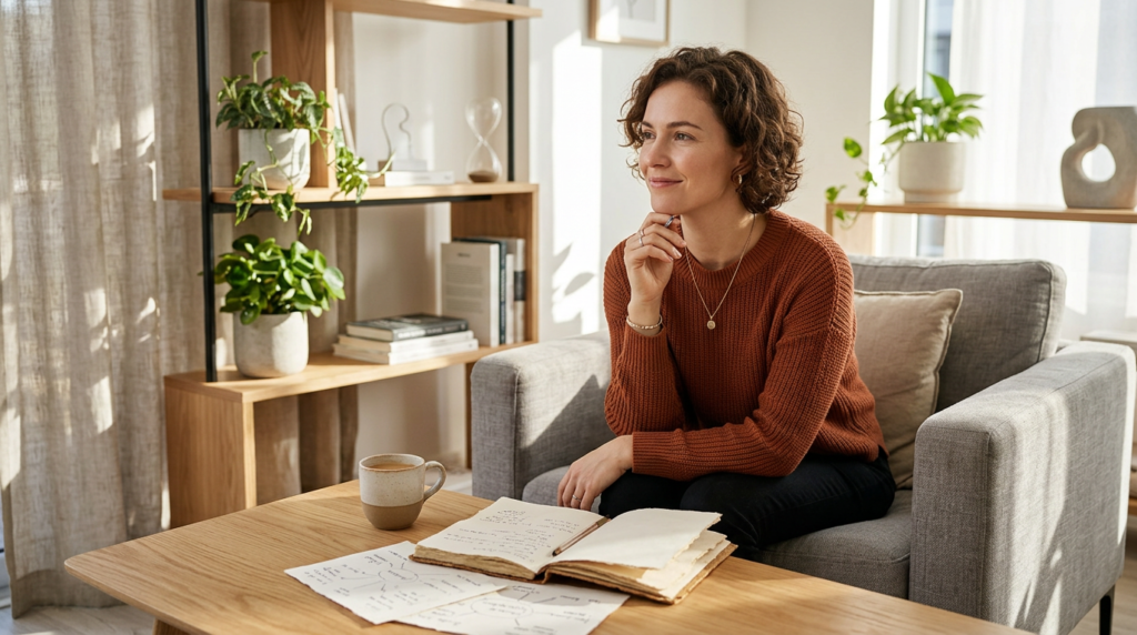 Mulher sentada em sofá claro, com diário aberto e xícara de café sobre a mesa, refletindo sobre técnicas de reprogramação mental em ambiente tranquilo e iluminado