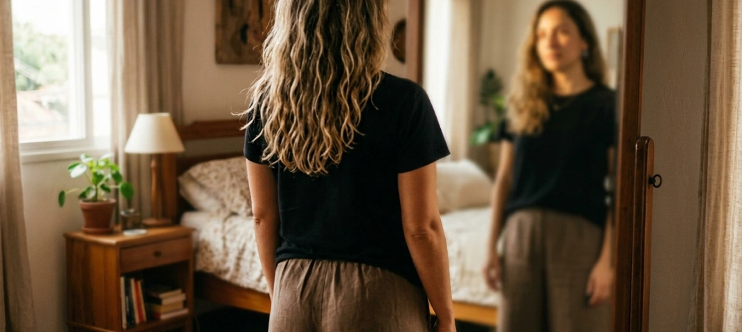 Mulher de costas olhando para seu reflexo no espelho em quarto iluminado