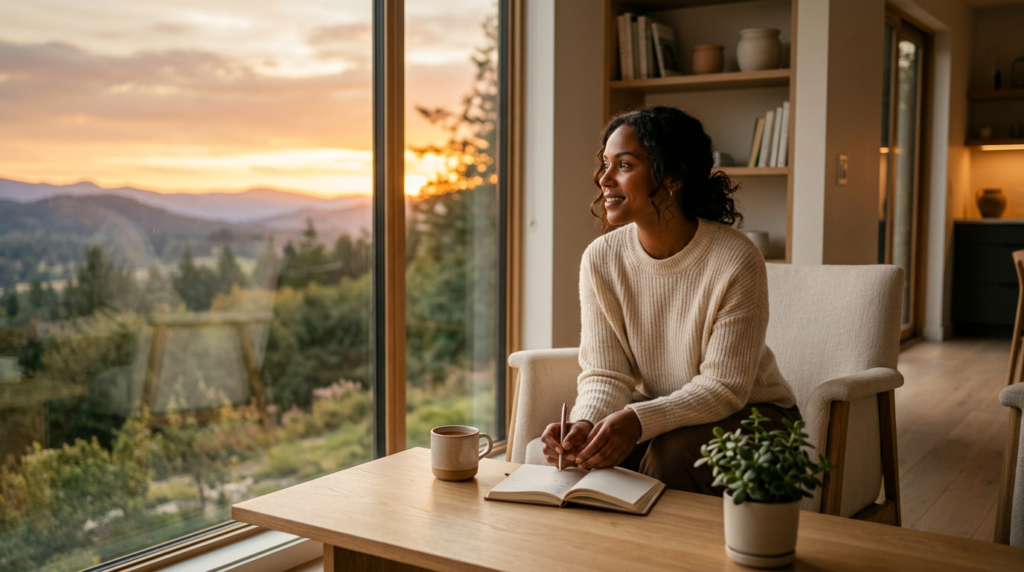 Mulher sorrindo com caderno refletindo sobre propósito de vida ao pôr do sol com vista para a natureza