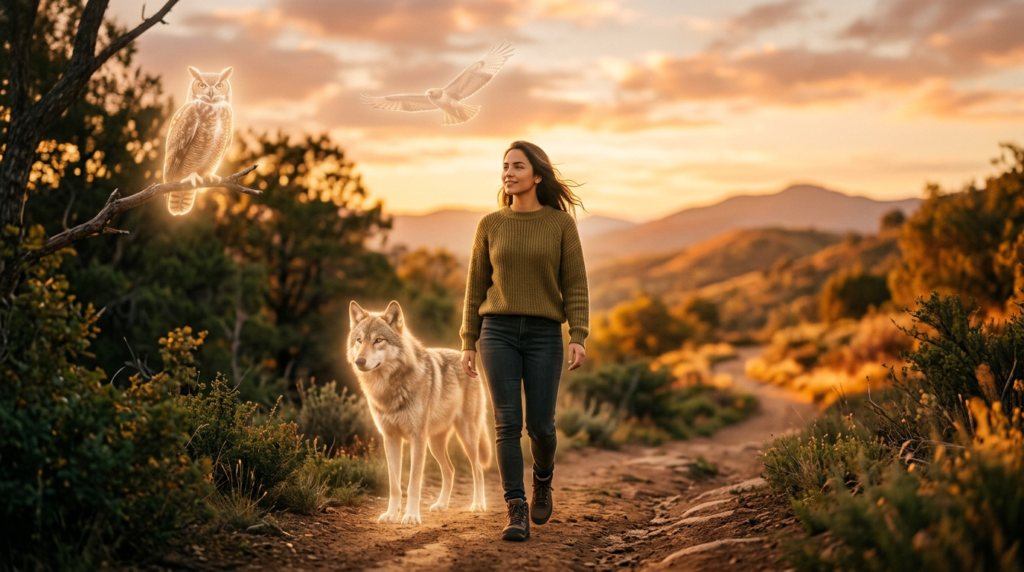 Mulher descobrindo seu espírito animal 2026 caminhando com lobo coruja e águia como guias ancestrais