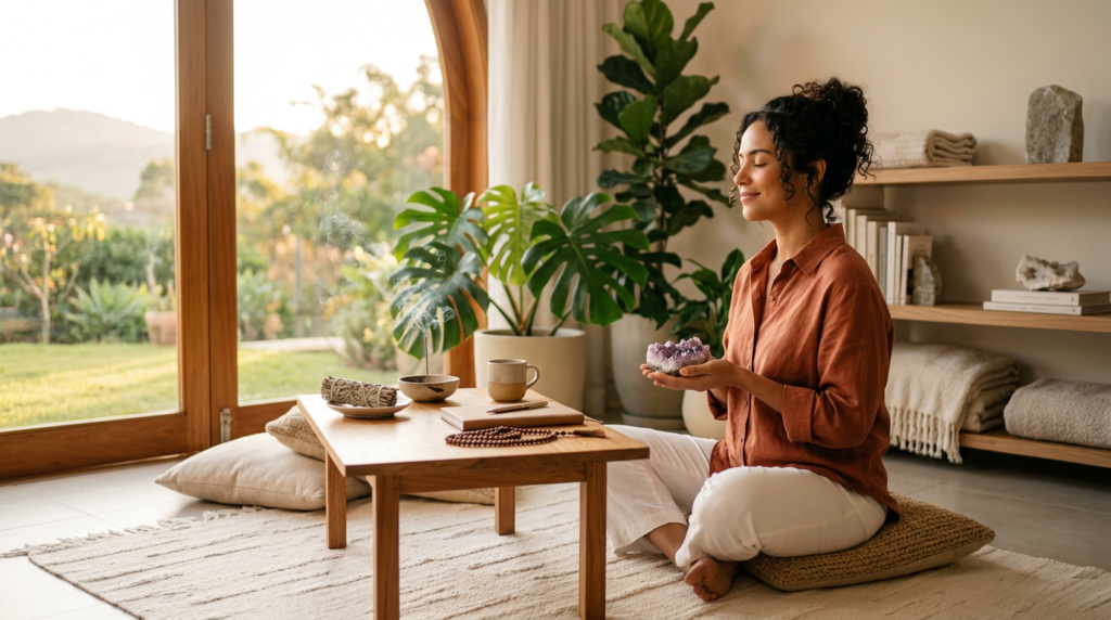 Mulher meditando com cristal de ametista nas mãos em ambiente zen com plantas e incenso