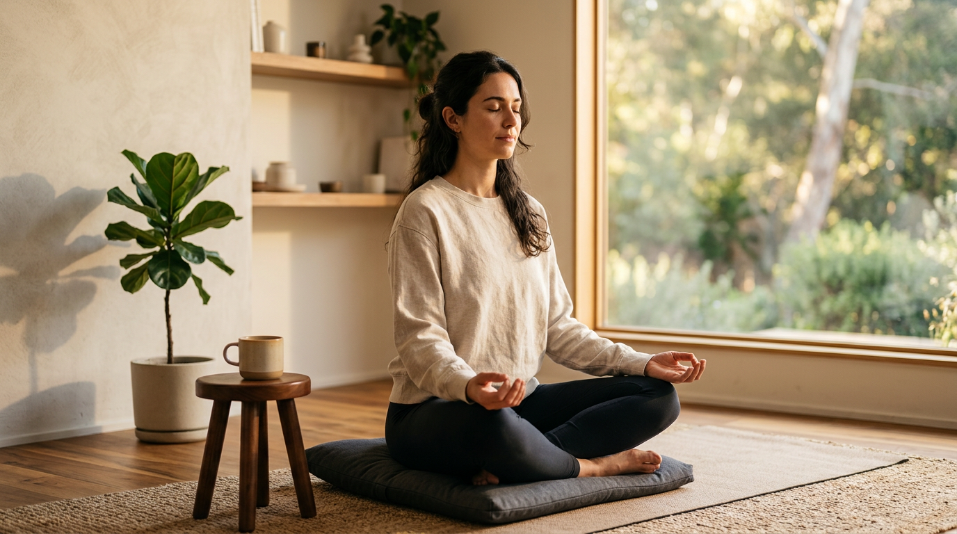 Mulher meditando sentada em almofada com postura correta aplicando melhores práticas para meditação