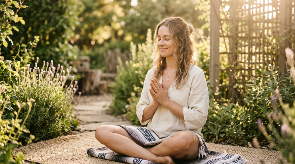 Mulher meditando em jardim com as maos unidas em oracao para atrair boas vibracoes e energia positiva