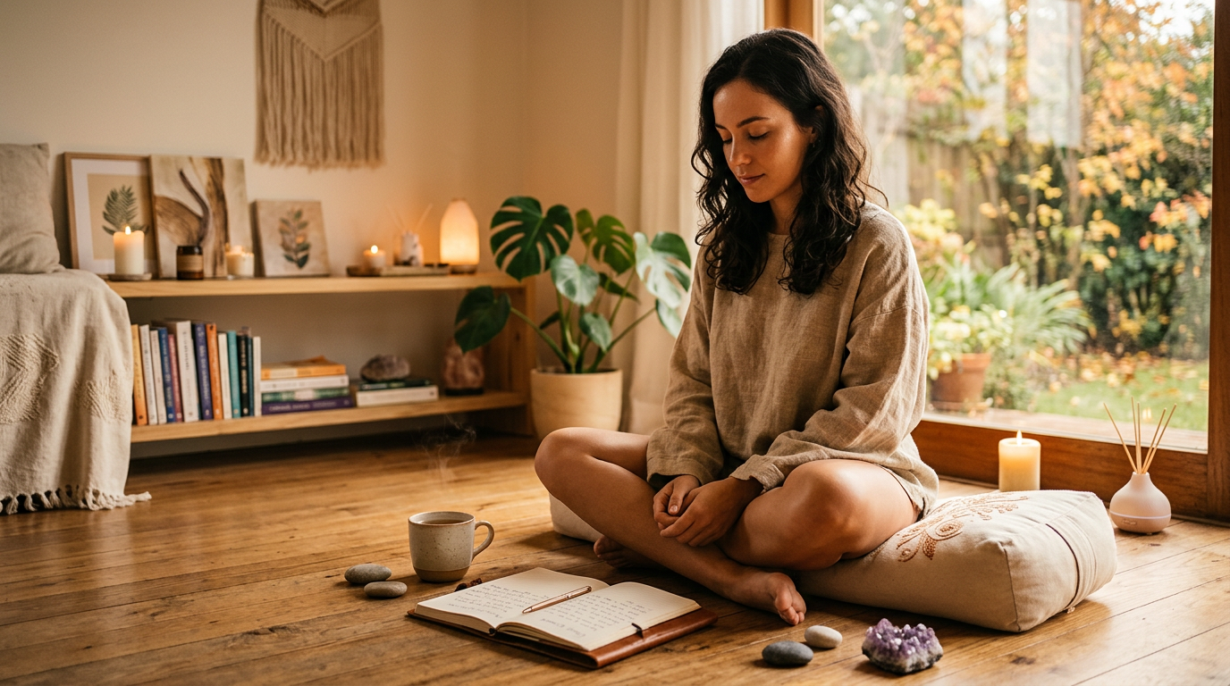 Mulher meditando com cristal de ametista diário e velas trabalhando sua vibração no mundo espiritual
